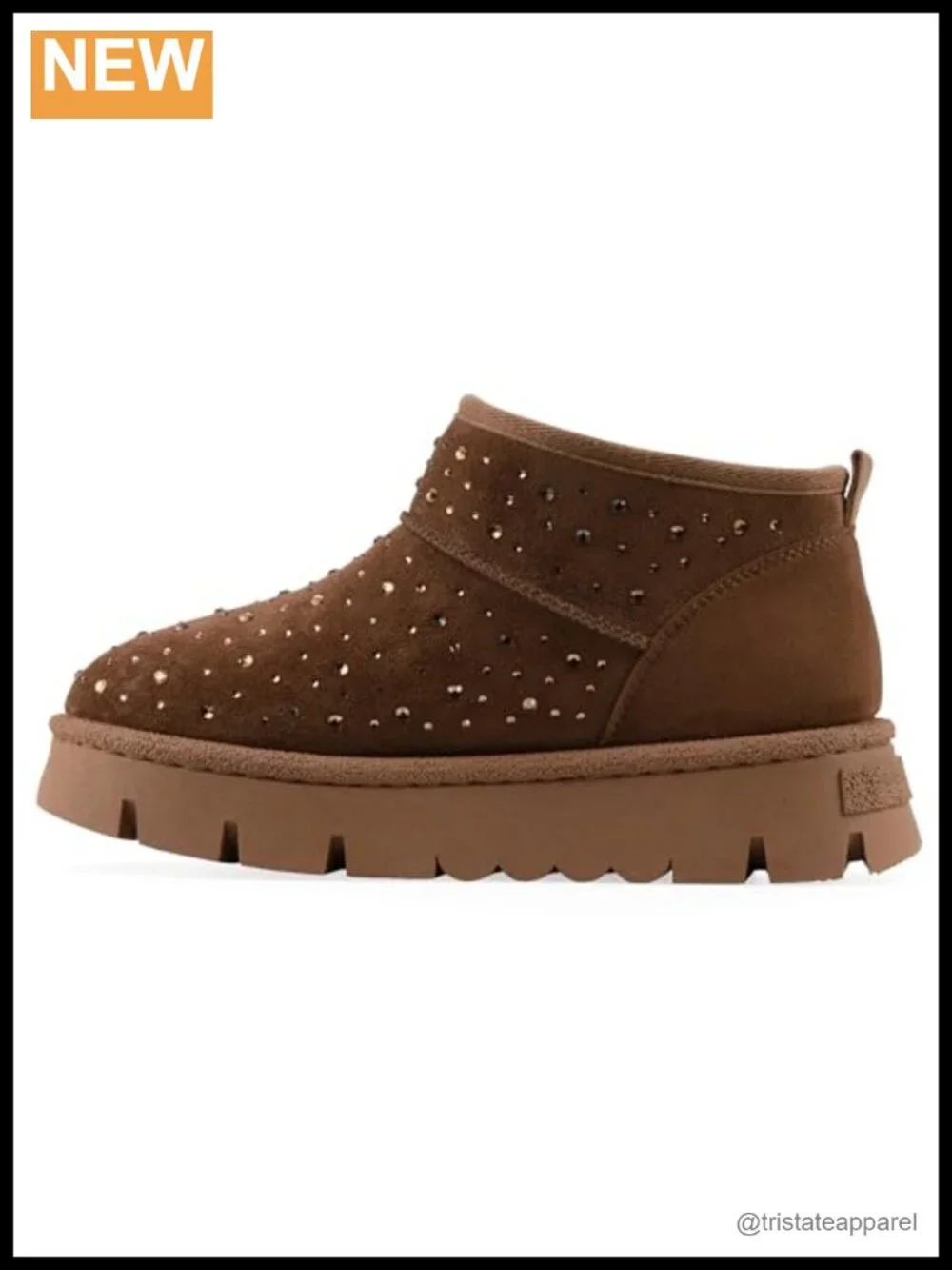 Rhinestone Platform Ankle Bootie Faux Suede Faux Fur Lined Pull-On Boots